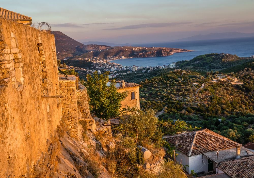 A view from the castle of Himara at sunset in Vlore, Albania.