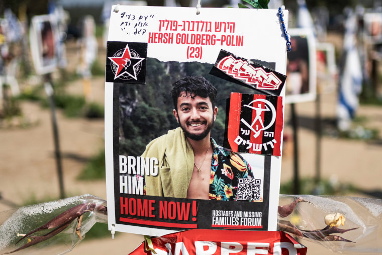 A poster depicting Israeli-American hostage Hersh Goldberg-Polin is displayed