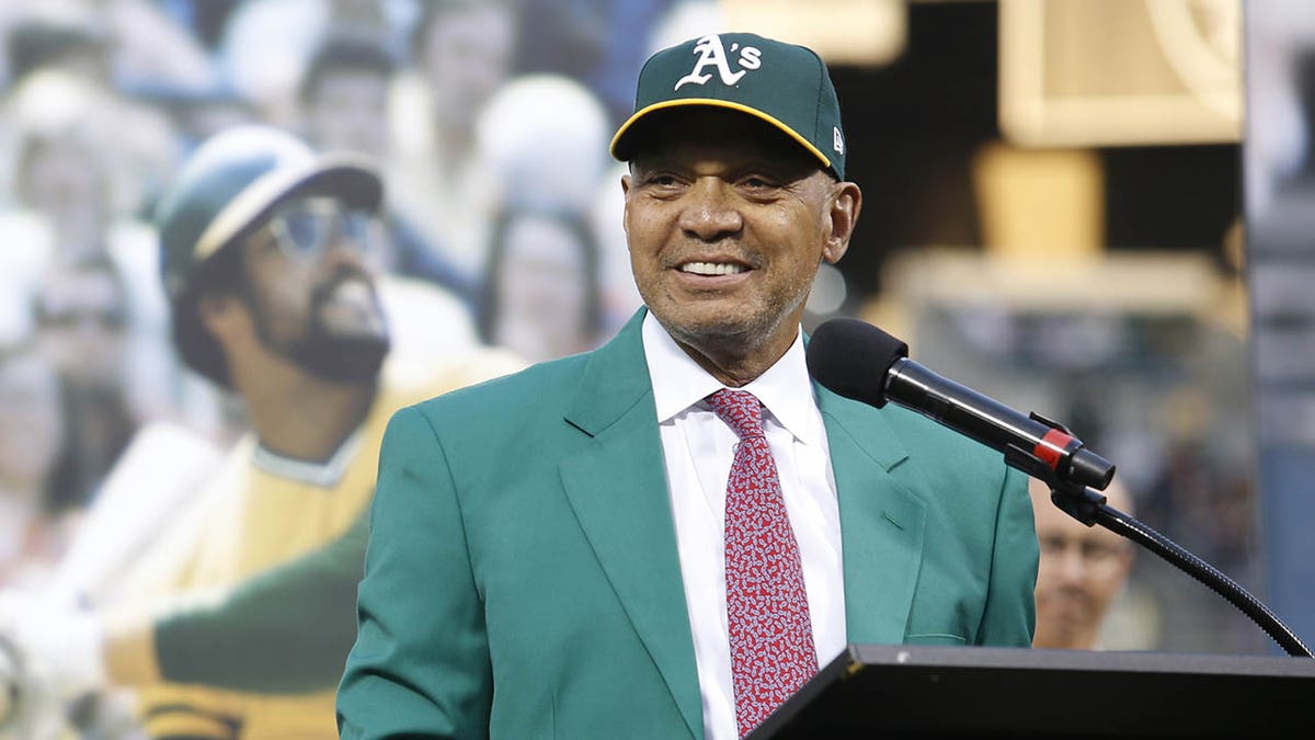 Reggie Jackson addresses the crowd during a pregame ceremony introducing the first members of the Oakland Athletics Hall of Fame prior to the game between the Athletics and the New York Yankees on September 5, 2018, in Oakland, California.