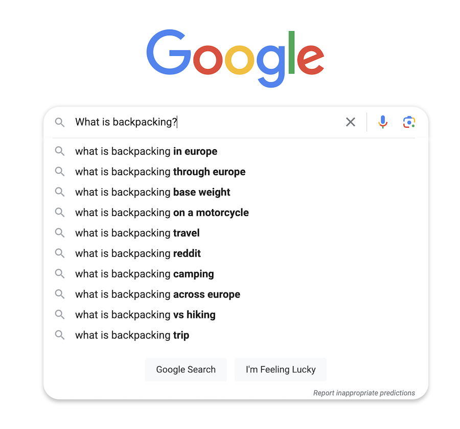 Google search "what is backpacking" screenshot of Google web page