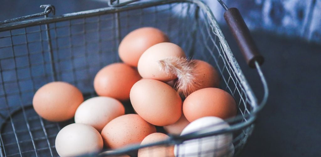 eggs in metal basket with wooden handle 