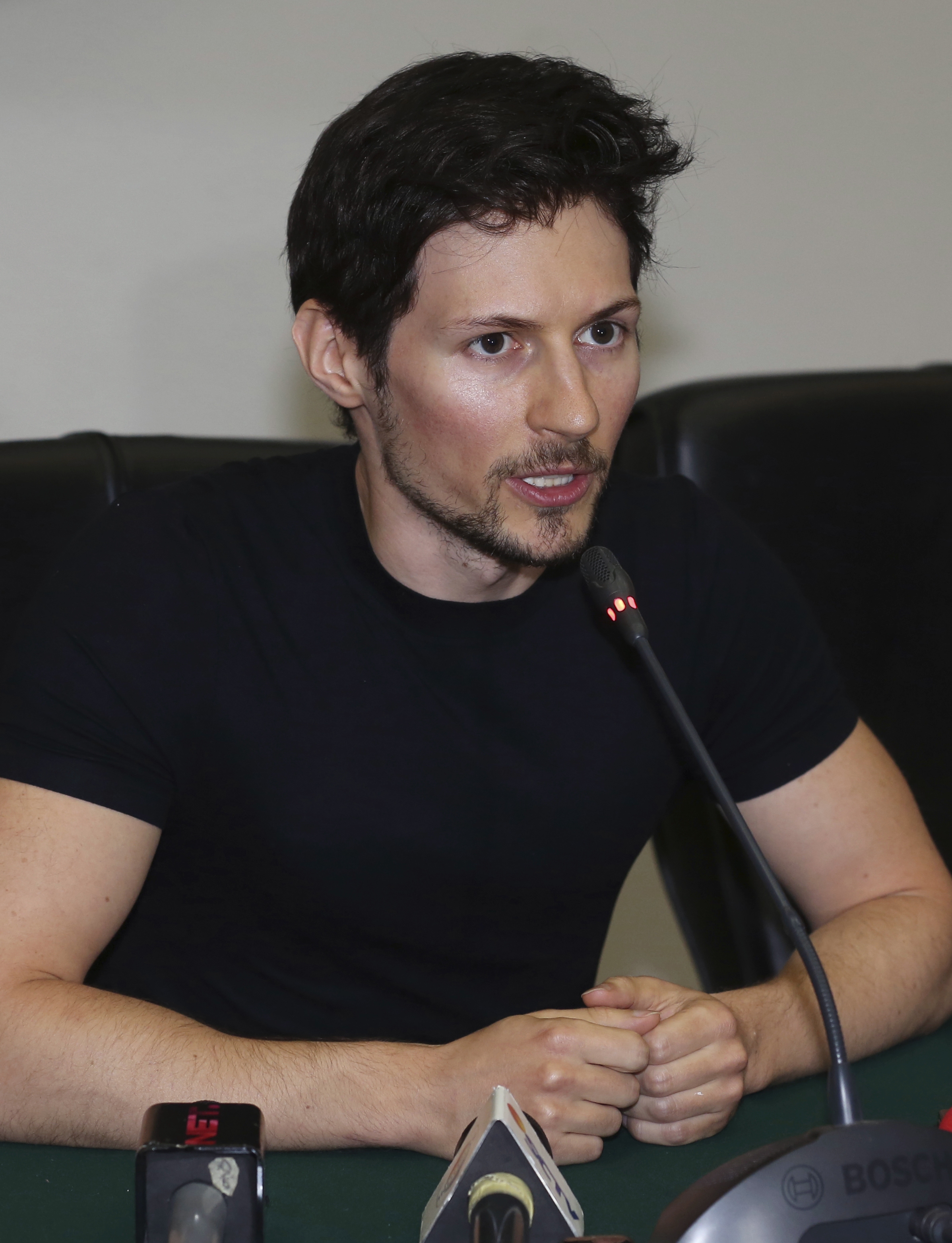 Telegram co-founder Pavel Durov speaks during a press conference in 2017. 