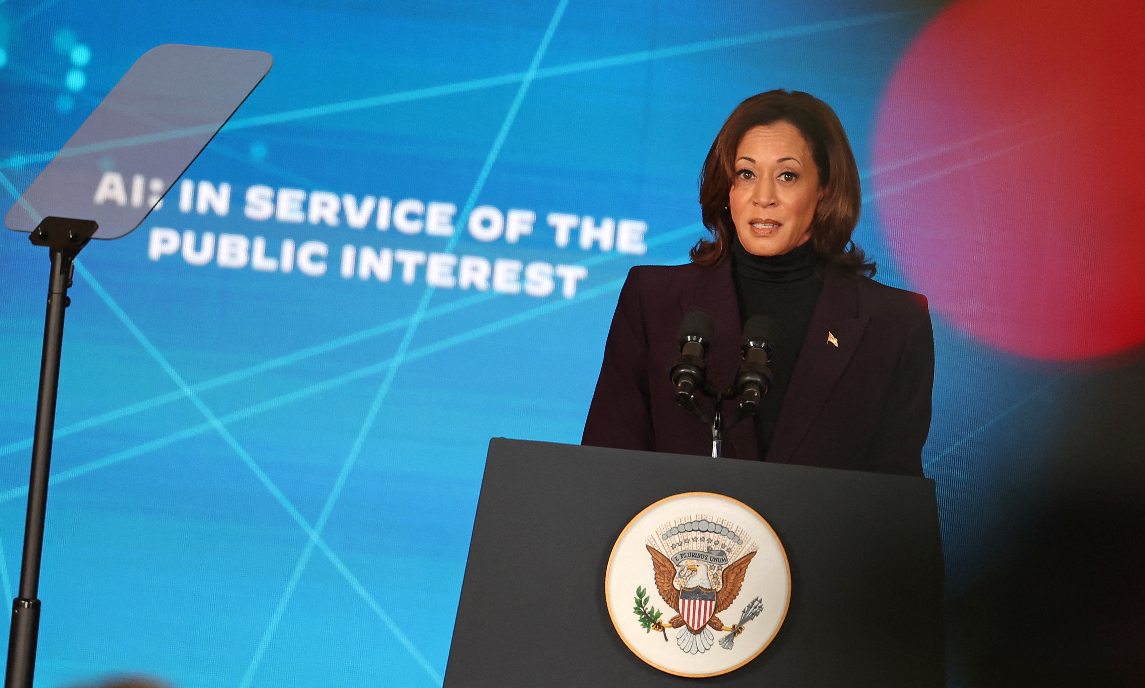 Vice President Harris delivers a speech on artificial intelligence in London on Nov. 1, 2023.