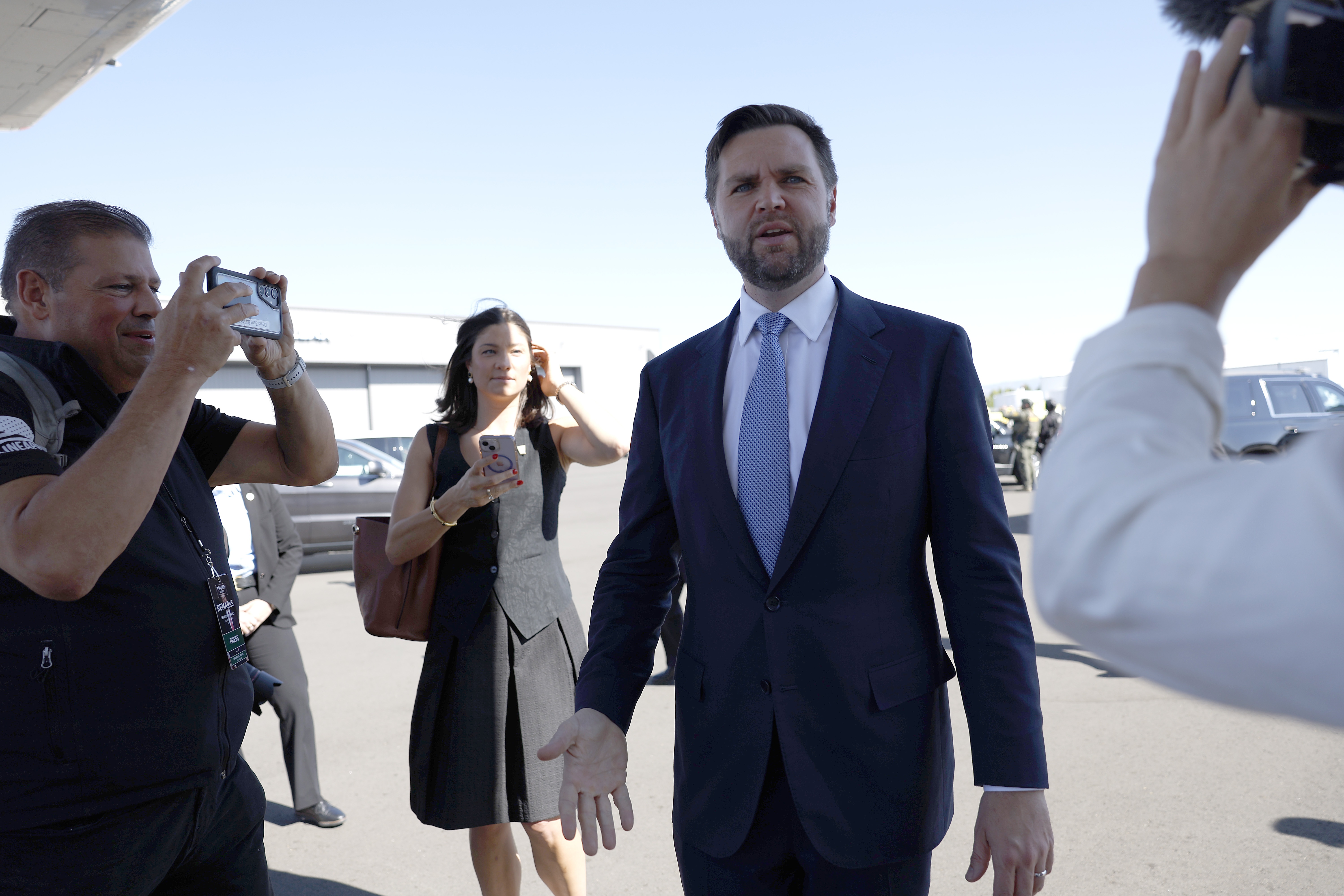 Republican vice presidential nominee U.S. Sen. JD Vance (R-OH) speaks with reporters after walking off “Trump Force 2” at Reno-Tahoe International Airport on July 30, 2024 in Reno, Nevada. Vance is the subject of a joke that went viral on social media last week, highlighting the challenges of sorting fact from fiction in a contentious presidential election.