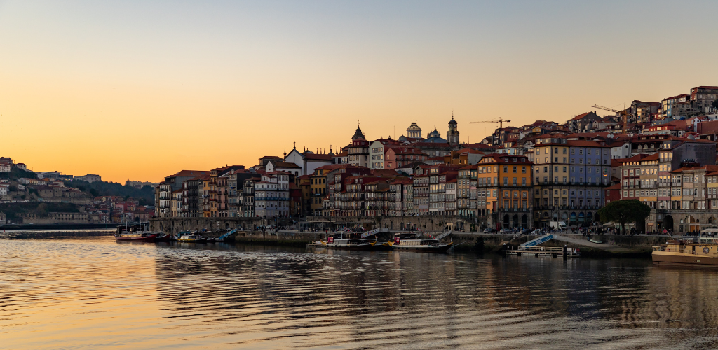 Porto and Ribeira District at Sunset, riverfront view 