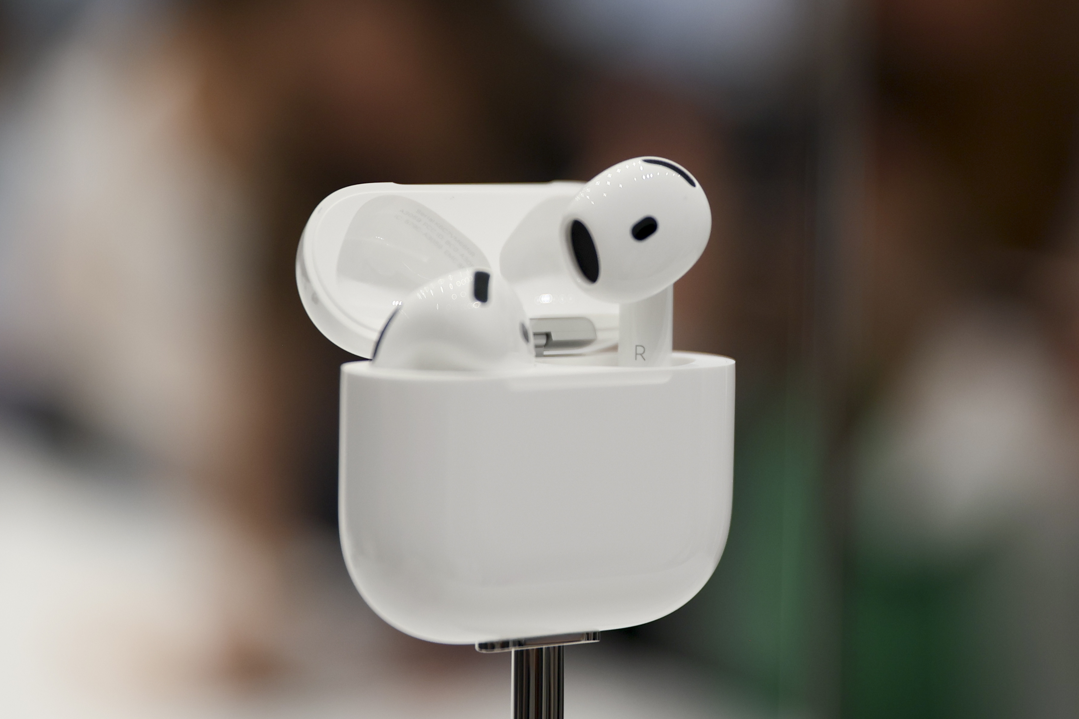 AirPods are displayed during an announcement of new products at Apple headquarters on Sept. 9 in Cupertino, Calif.