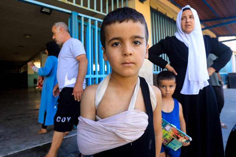 An injured child at a school in Beirut housing displaced people who fled Israeli strikes in southern Lebanon, on Sept. 26, 2024.