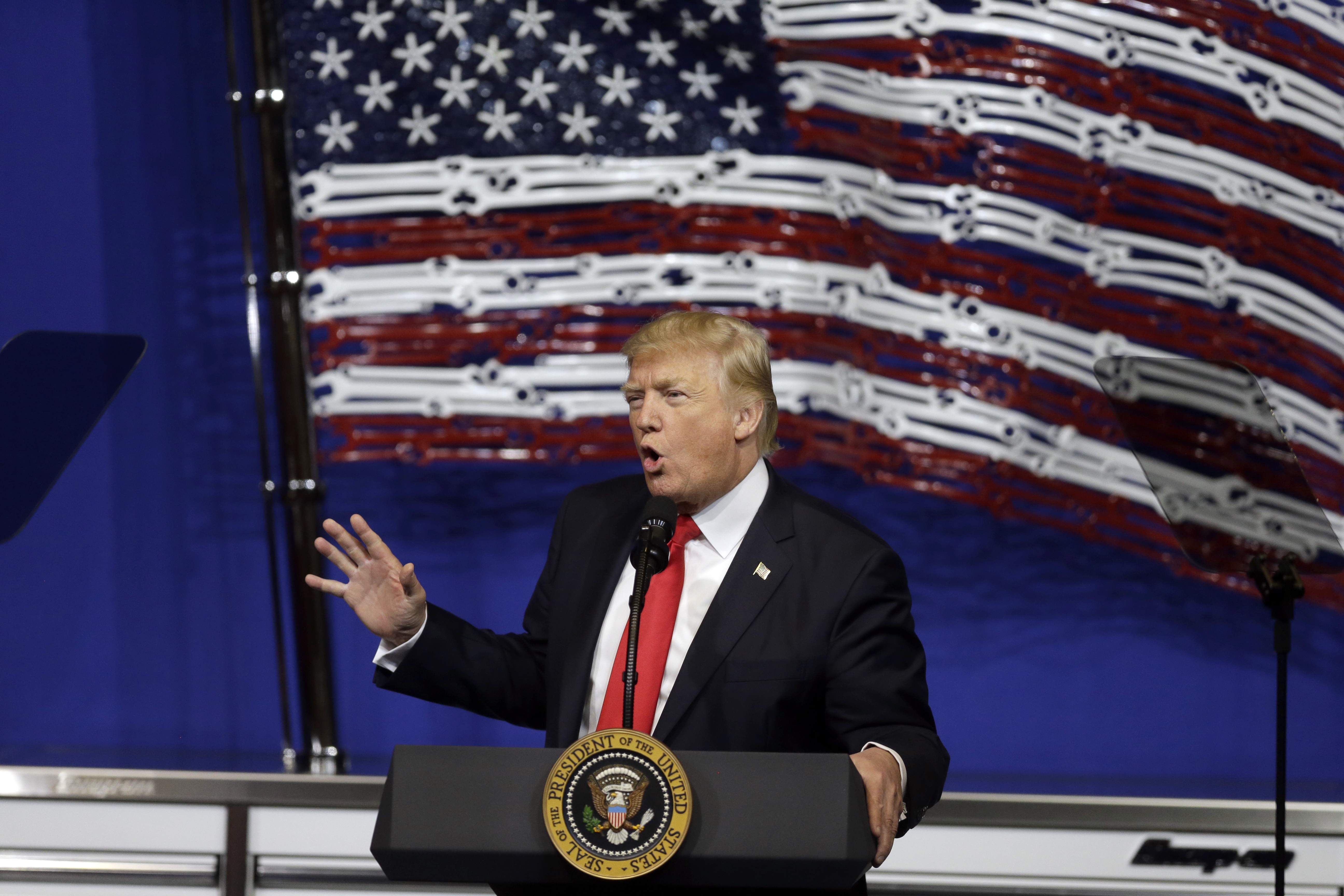 President Donald Trump speaks at Snap-on tools, April 18, 2017, in Kenosha, Wis.