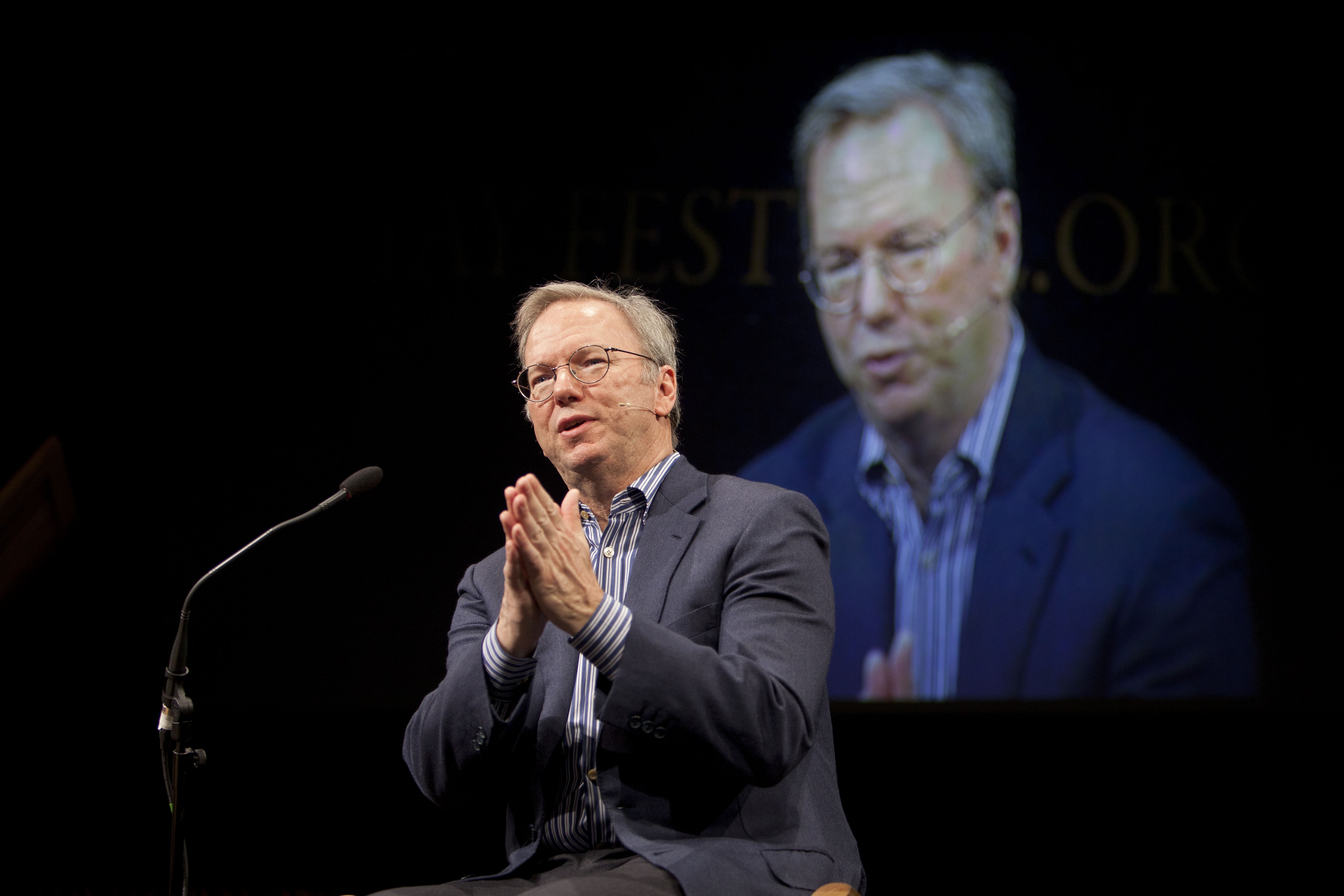 Former Google CEO Eric Schmidt attends The Telegraph Hay festival at Dairy Meadows on May 25, 2013, in Hay-on-Wye, Wales.