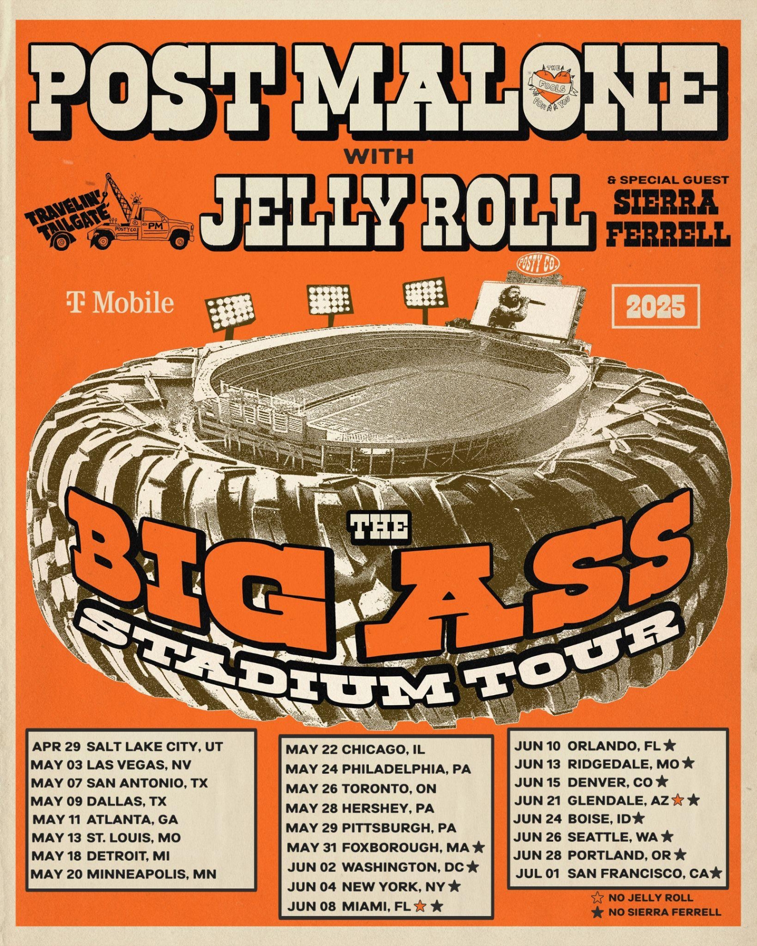 Post Malone Big Ass Stadium Tour poster Jelly Roll Sierra Ferrell F-1 Trillion 2025 how to get tickets