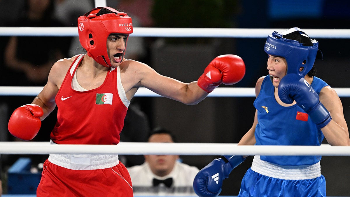 Imane Khelif of Algeria, left, fights Liu Yang of China in the women's gold medal match at the 2024 Paris Games. 