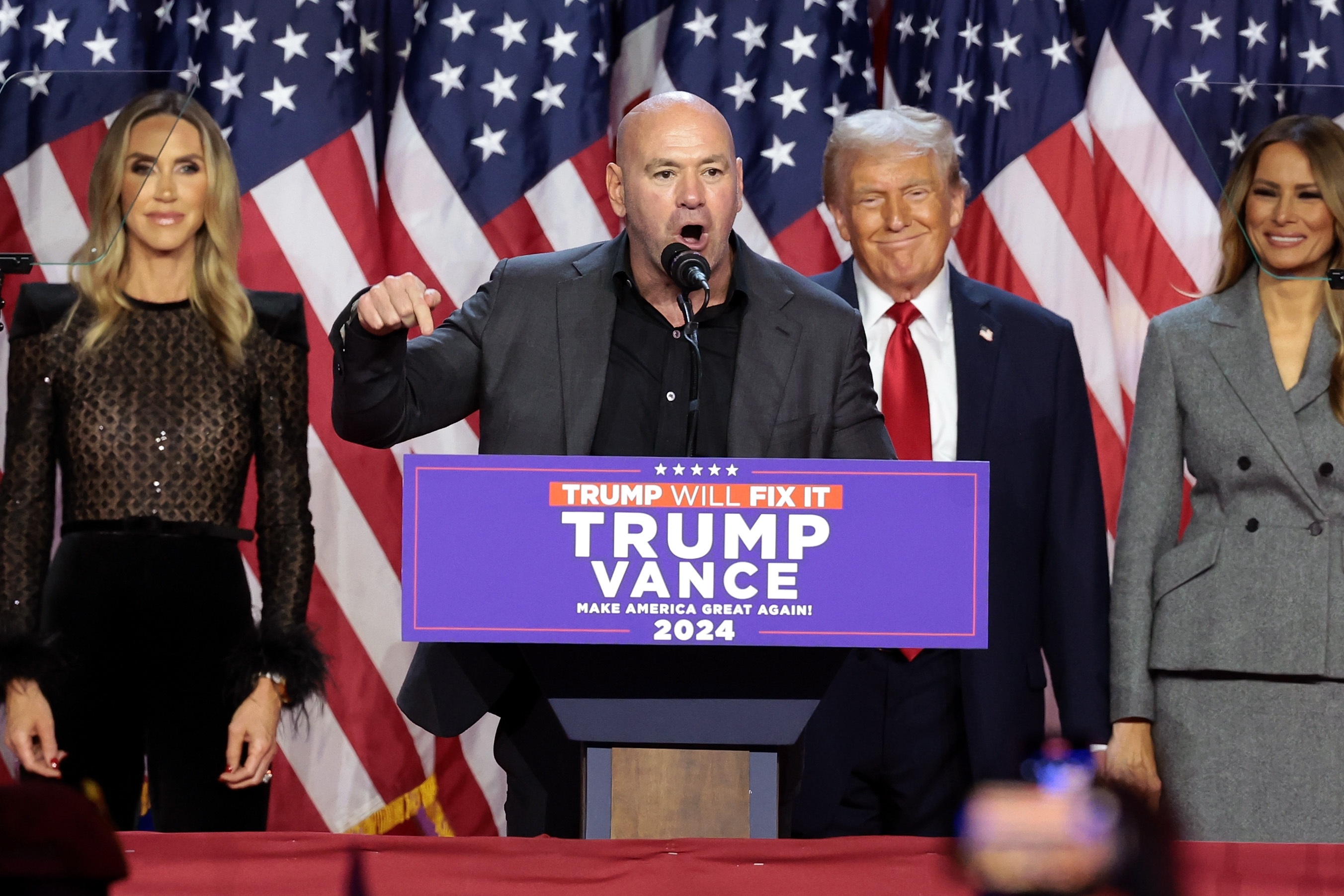 Ultimate Fighting Championship CEO Dana White speaks at an election night event for President-elect Donald Trump West Palm Beach, Florida on Nov. 6. Facebook and Instagram parent company Meta has named White to its board of directors.