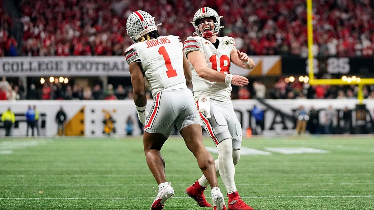 Quinshon Judkins celebrates touchdown with Will Howard