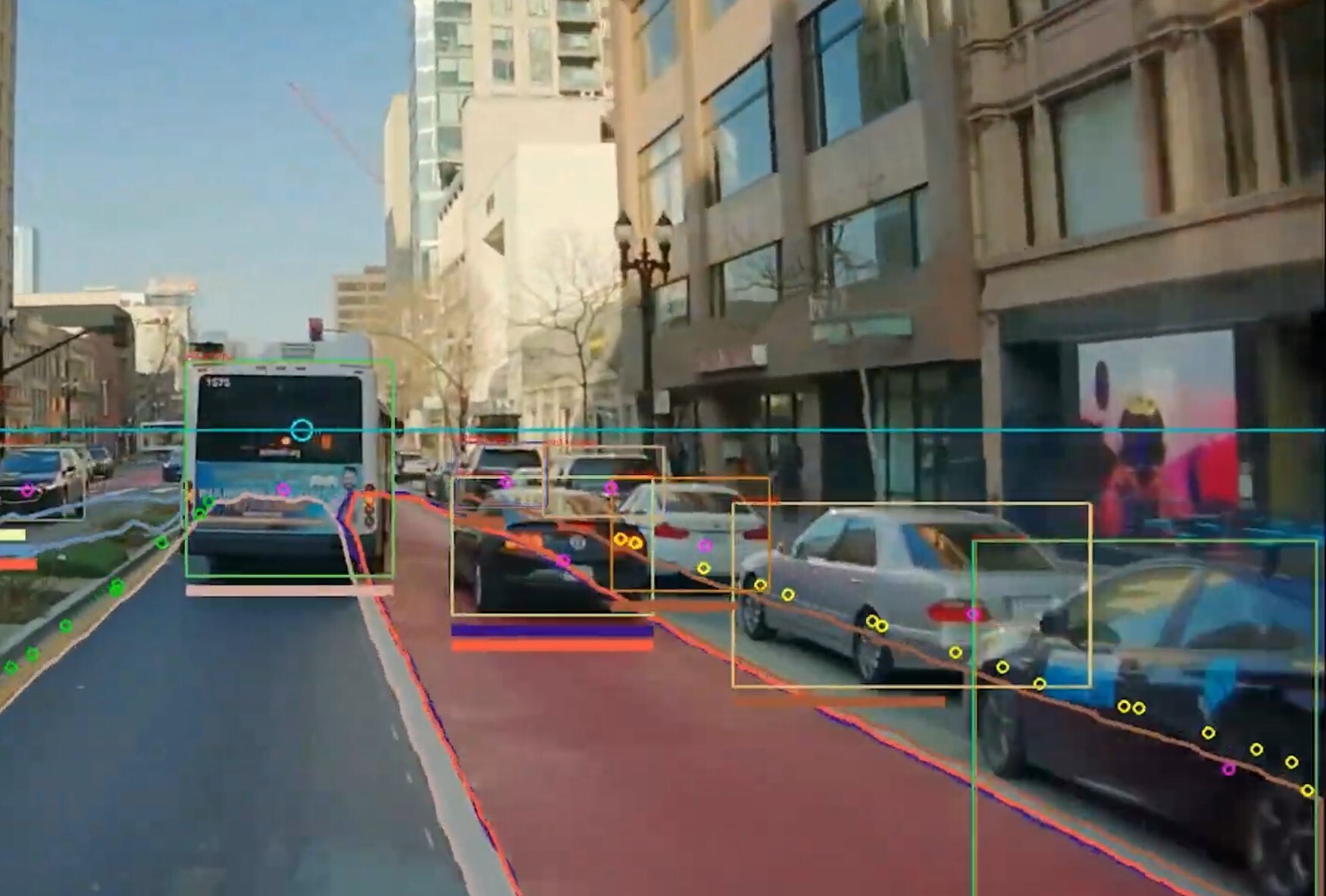 A street in Oakland, Calif., viewed through AI-enhanced cameras from the start-up Hayden AI. Transit agencies across the U.S. are deploying the company