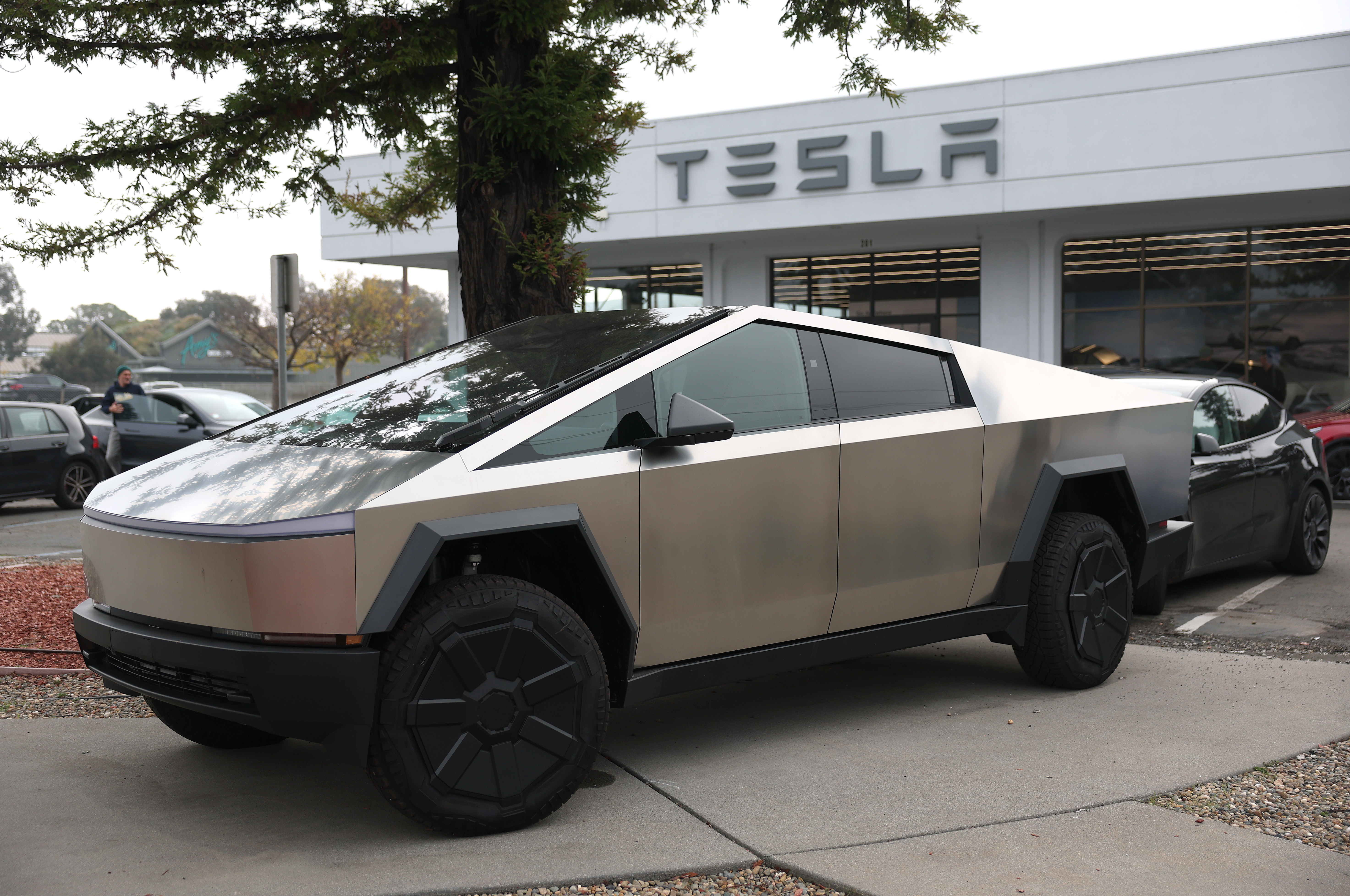 A Tesla Cybertruck at a Tesla dealership on Dec. 20 in Corte Madera, California. A State Department procurement document suggested the Trump administration planned to buy $400 million worth of Tesla vehicles to transport diplomats. The administration now says no such purchase is planned.