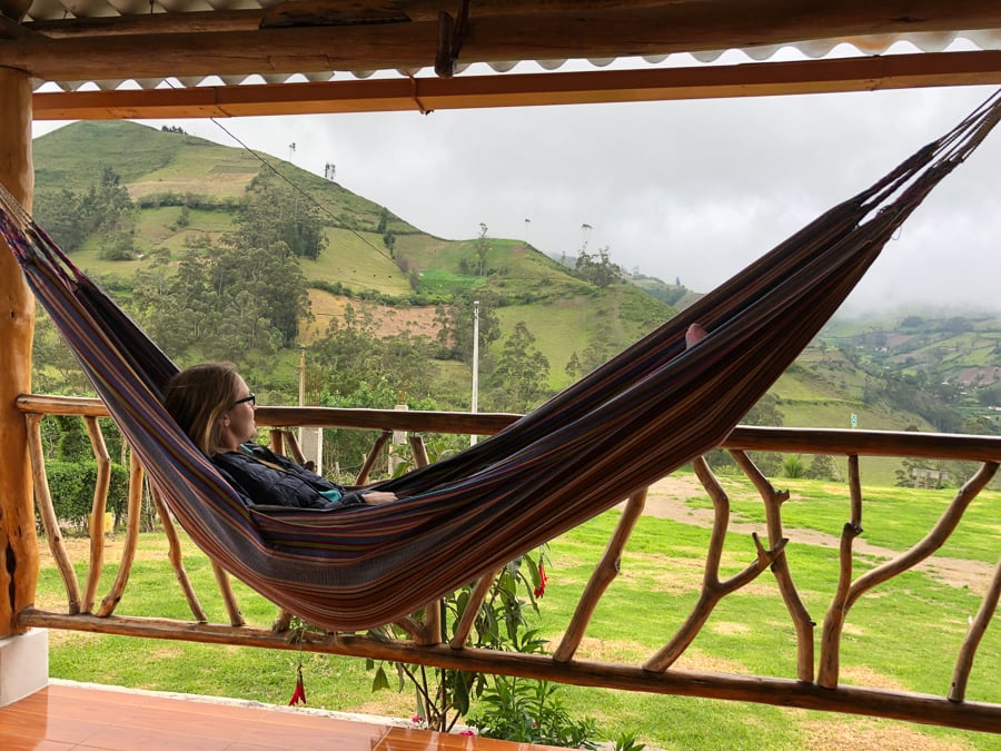 Goats On The Road, Dariece, in a hammock at a hostel in quilotoa loop isinlivi