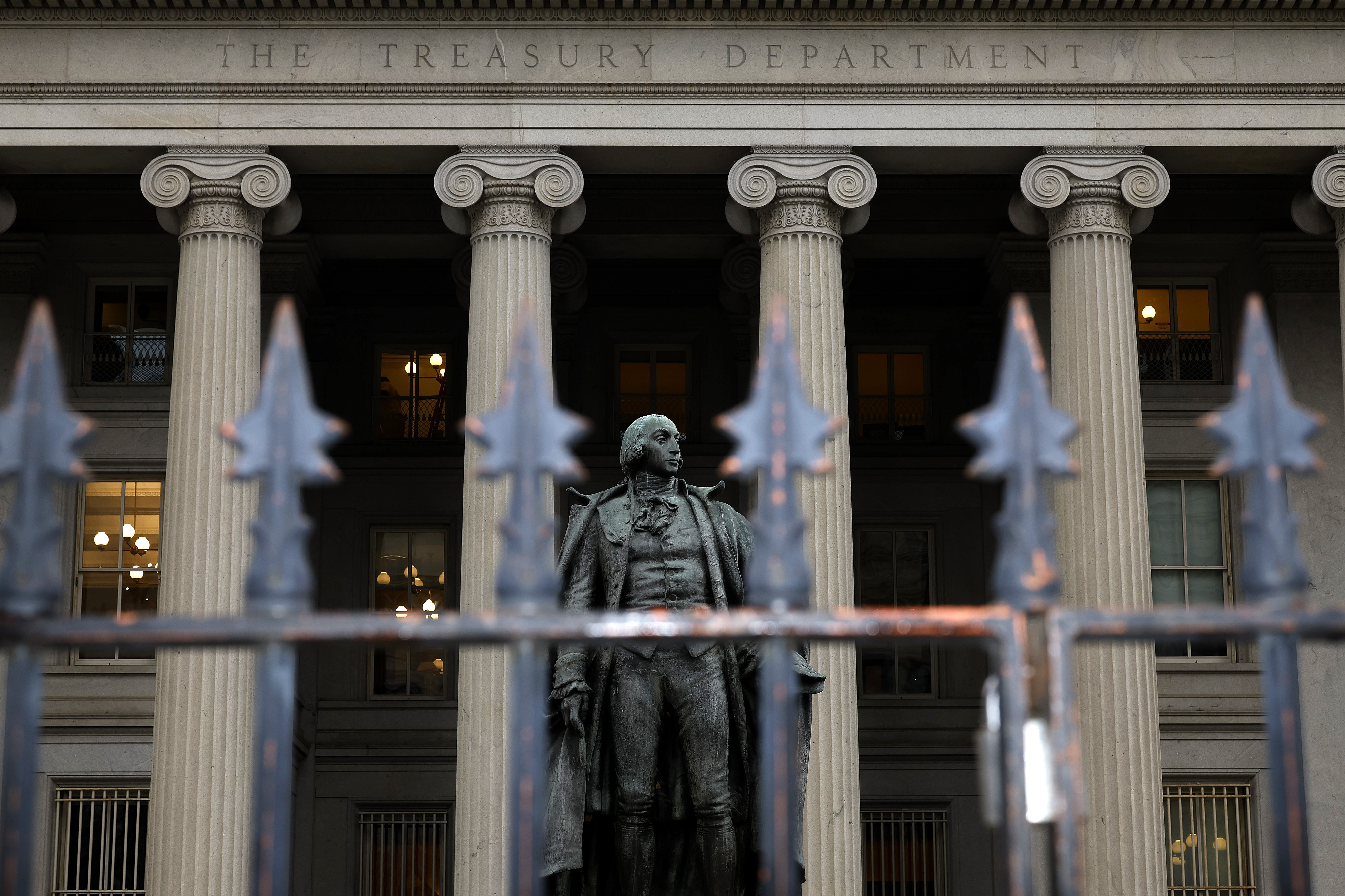 A statue of Alexander Hamilton is seen outside the U.S. Department of Treasury building in a 2023 file photo.