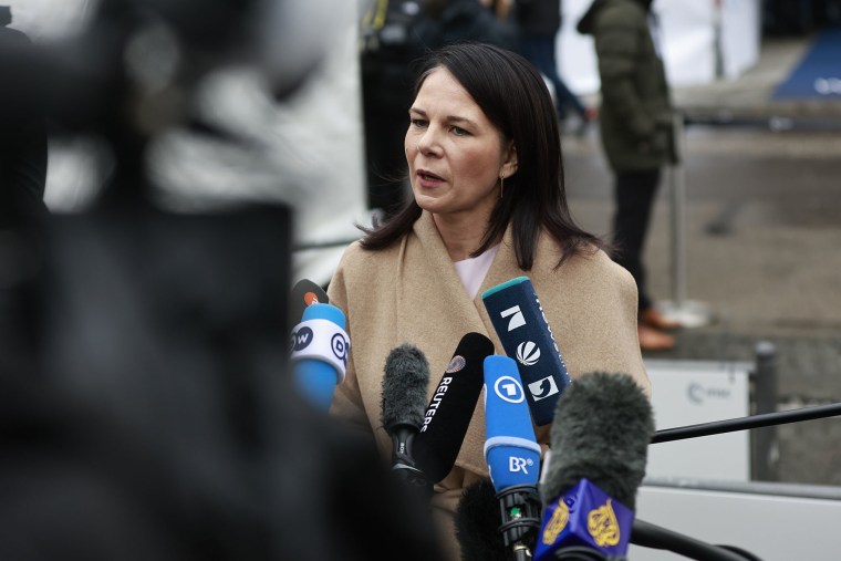 German Foreign Minister Annalena Baerbock speaks to reporters at the Munich Security Conference on Feb.14, 2025.