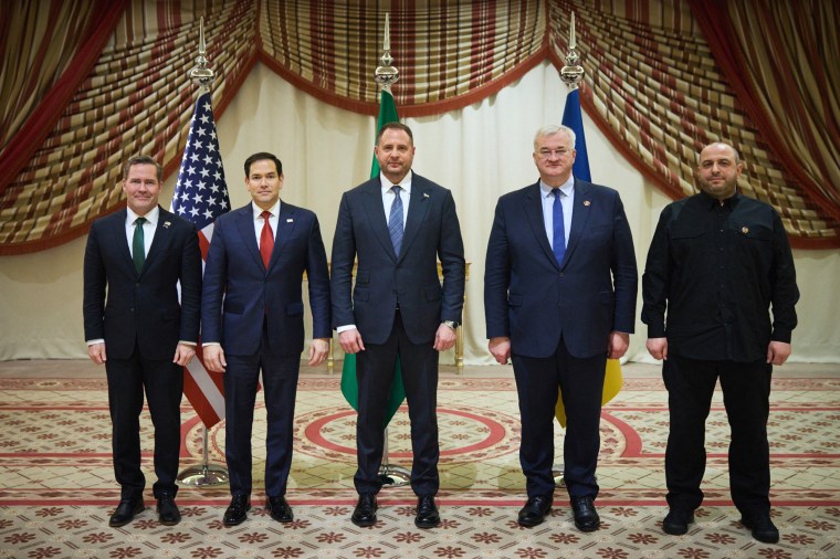 From left: National Security Advisor Mike Waltz and Secretary of State Marco Rubio meeting with Ukrainian officials Andriy Yermak, Andrii Sybiha and Rustem Umerovin Jeddah, Saudi Arabia on March 11, 2025.